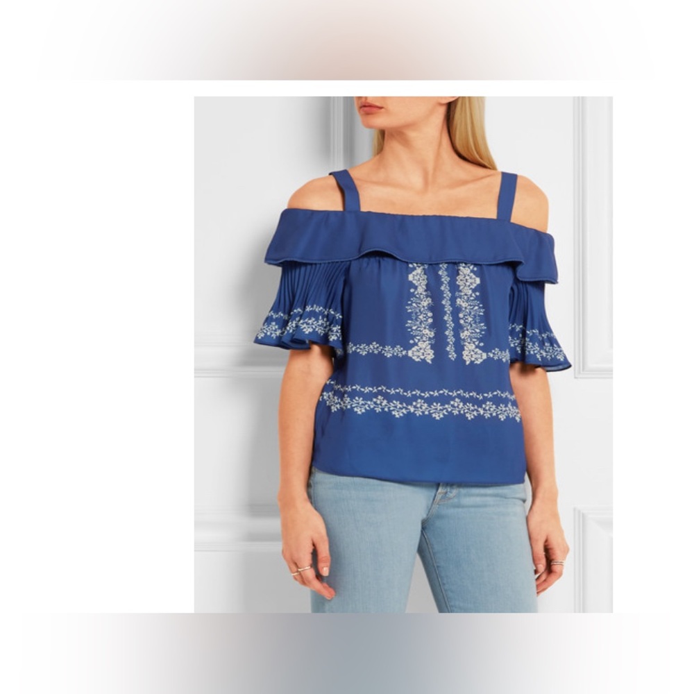 Self Portrait Flower Spell Off-The-Shoulder Printed Georgette Blue Top size 6